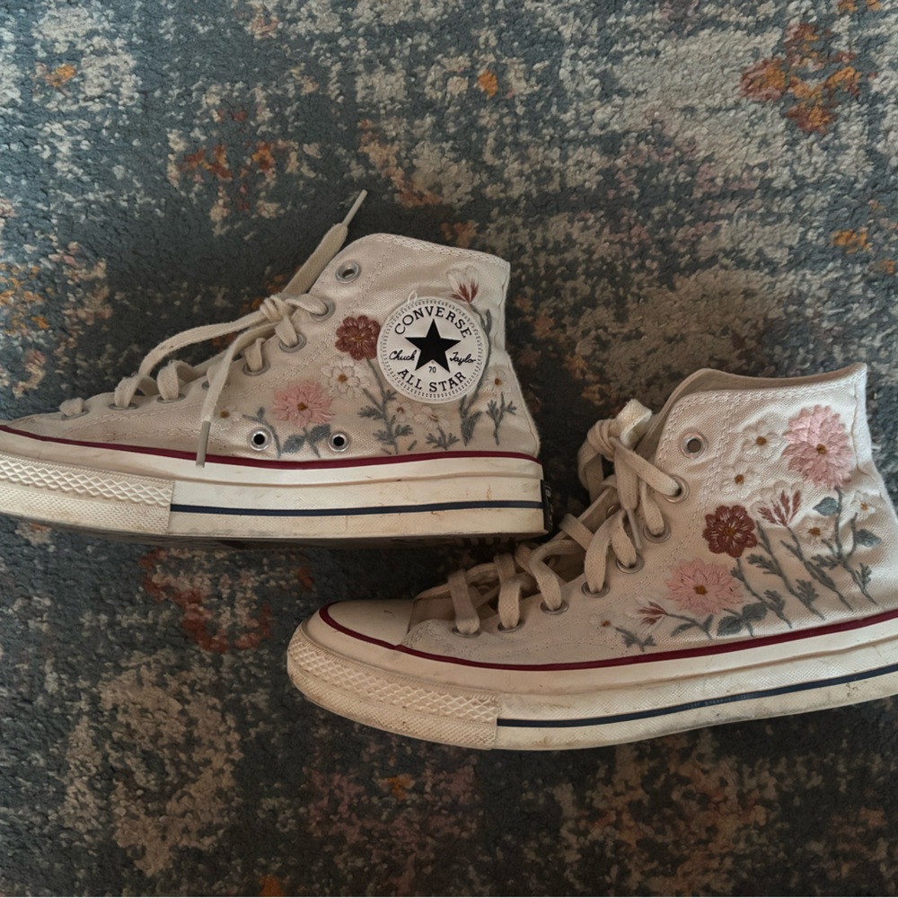 Converse High Top Sneakers in Cream with Pink & Brown Floral Embroidery